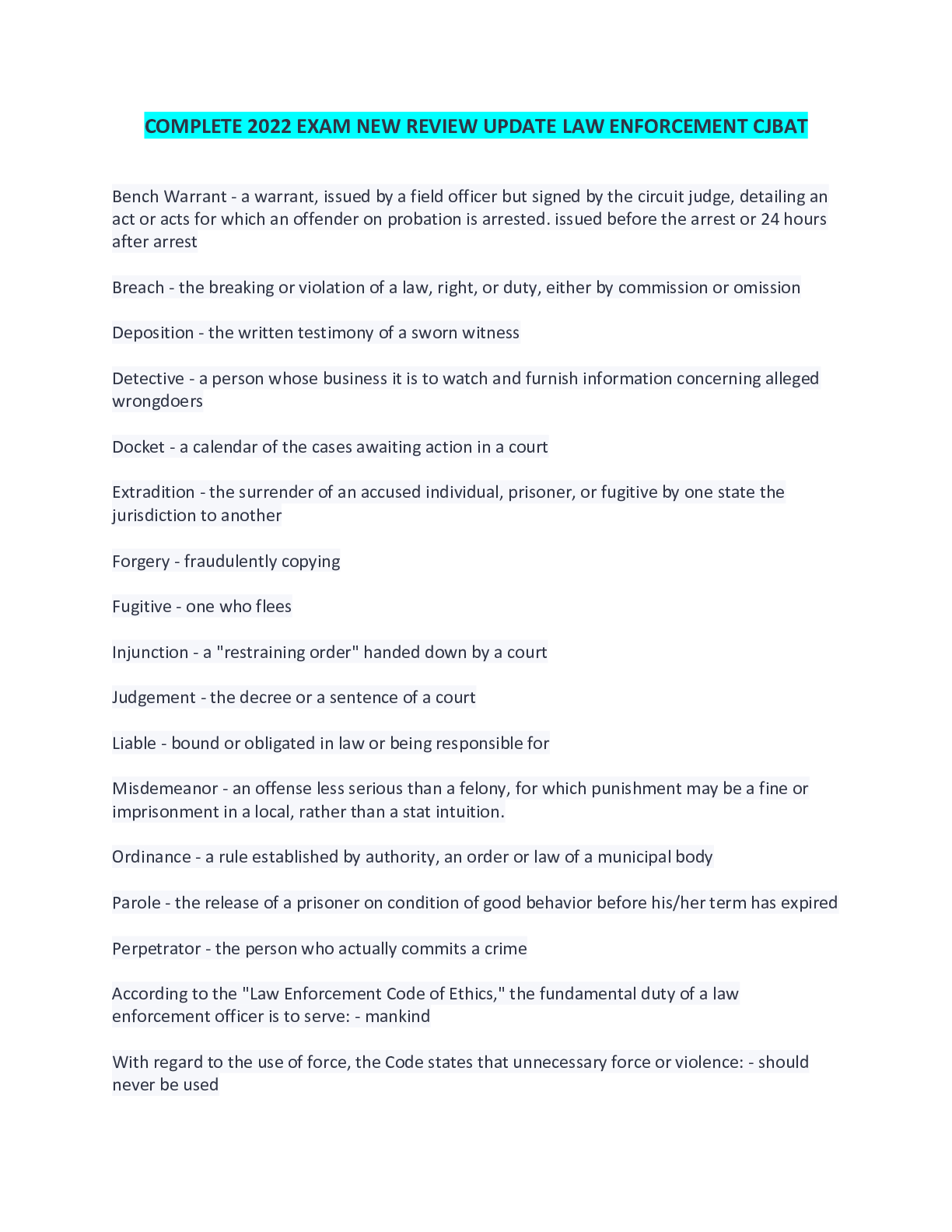 Preview of COMPLETE 2022 EXAM NEW REVIEW UPDATE LAW ENFORCEMENT CJBAT